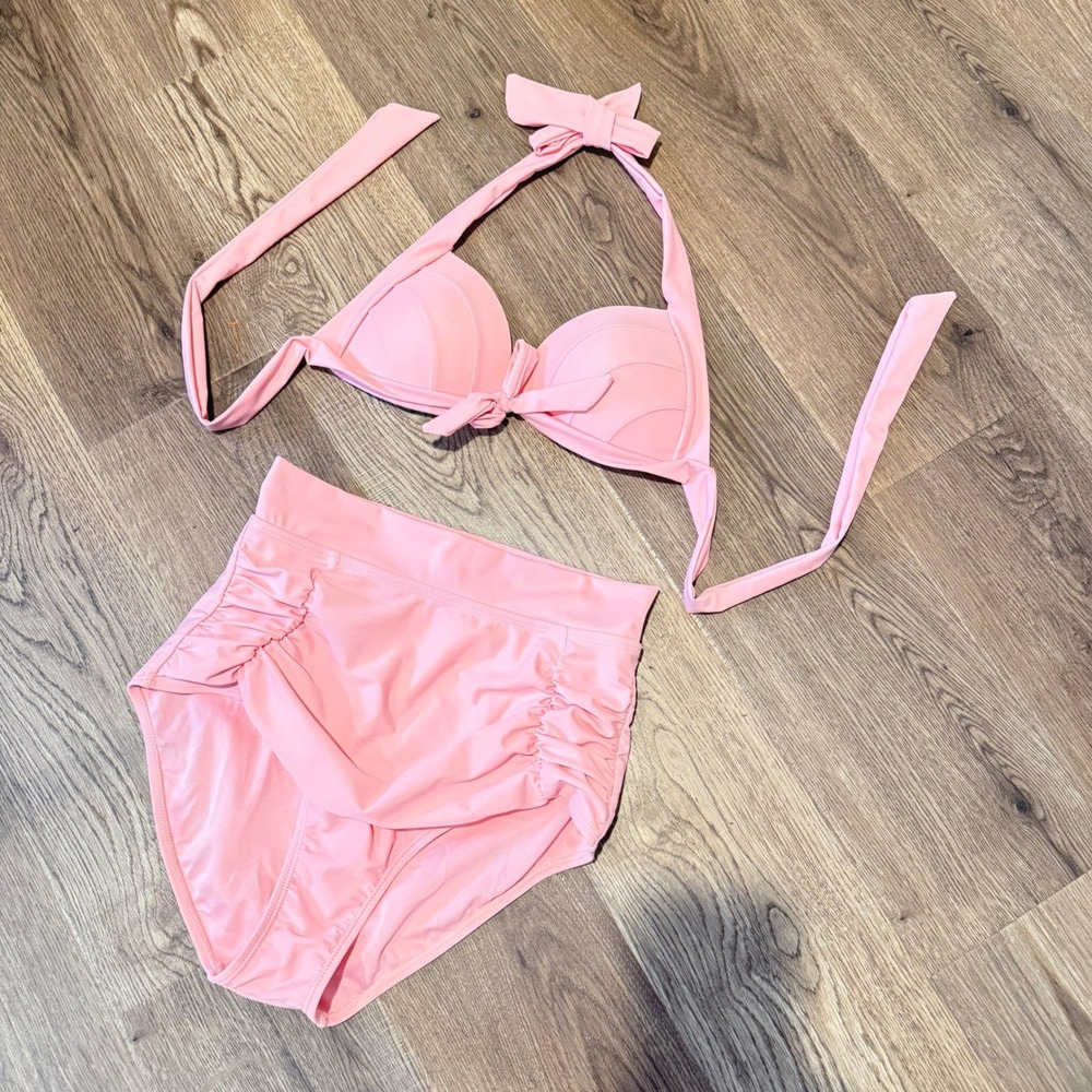 Shekini Womens Pink High Waisted Ruched Halter Bikini Set Two Piece Swimsuit S
